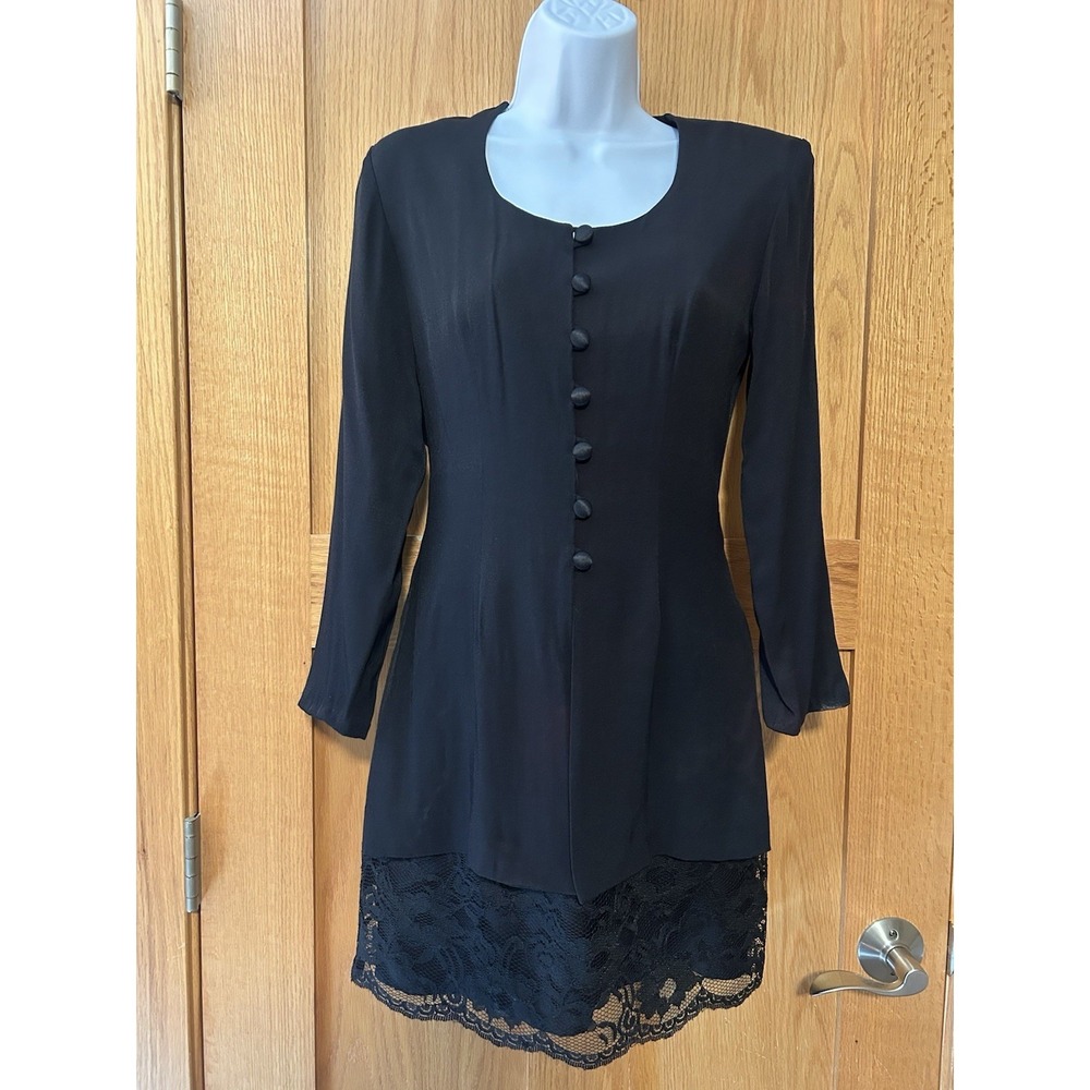 Vintage 90s Whimsigoth Black Structured Button Up Mini Dress With Lace Trim‎ 4P
